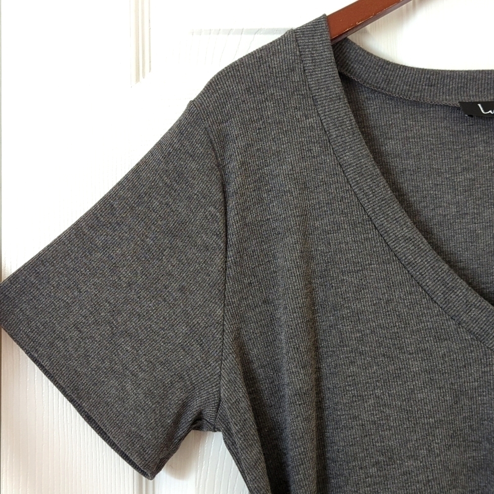Lulus Live In Love Ribbed Knit V-neck Tie Knot Front Mini T-shirt Dress Gray M - Picture 4 of 13